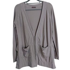 WRAP London Hemp Cotton Hook Front Pocket Ruffle Back Cardigan US 12 Taupe Brown